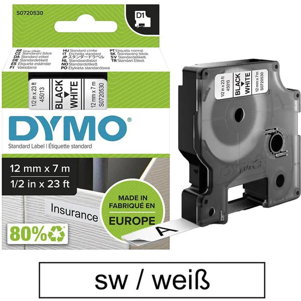 Dymo D1 Schriftband 45013, S0720530, schwarz auf weiß, Breite 12mm, Länge 7m