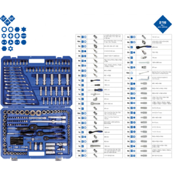 Steckschlüssel-Satz, 216-tlg, 1/4", 3/8", 1/2"