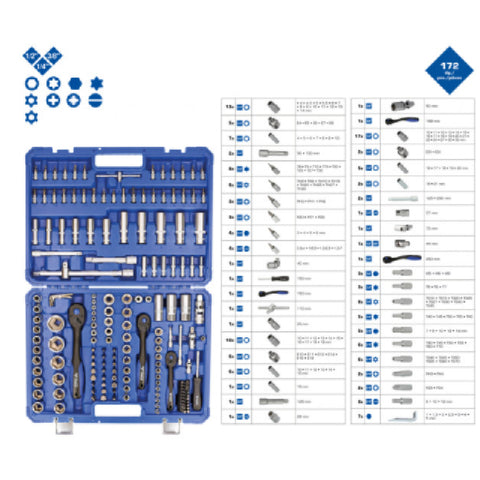 Steckschlüssel-Satz, Knarrenkasten 172-tlg, Umschaltknarren 1/4