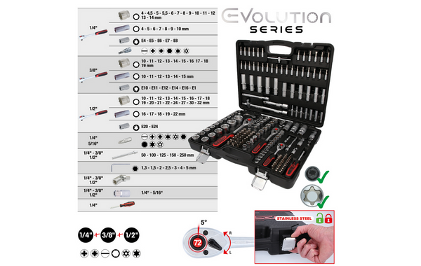 1/4"+3/8"+1/2" Steckschlüssel-Satz, 179-tlg