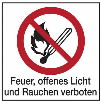 Feuer, offenes Licht und Rauchen verboten - Hinweisschild